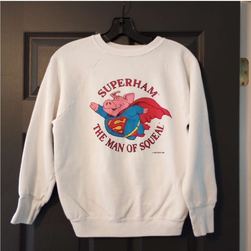 Retro 80s Crew Neck Sweater Hog Wild Pig BBQ Grill Super Ham 1985 Adult Small